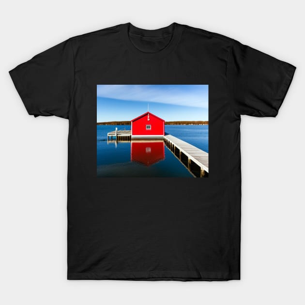 Red Boathouse on Lake T-Shirt by MtWoodson